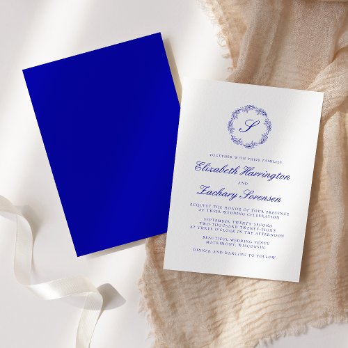 Royal Blue Monogram Wreath Script Wedding Invitation