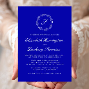 Royal Blue Monogram Wreath White Script Wedding Invitation