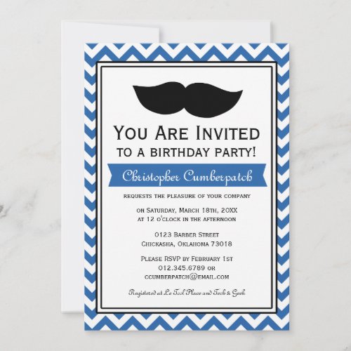 Royal Blue Moustache Chevron Birthday Party Personalized Invites
