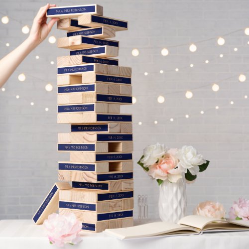 Royal Blue Mr  Mrs Wedding Date Game Topple Tower