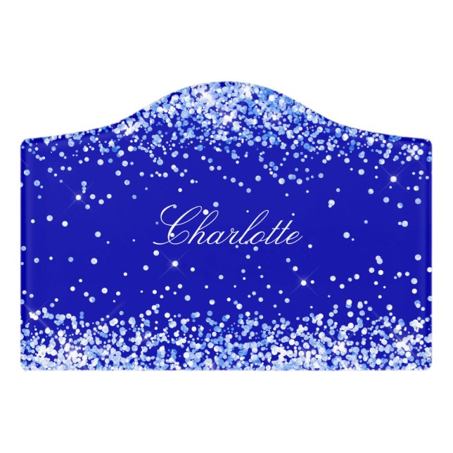 Royal blue name script door sign (Small Crest Front)