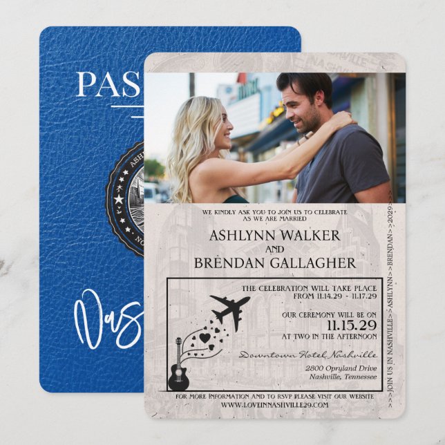 Royal Blue Nashville Passport Wedding Invitation (Front/Back)