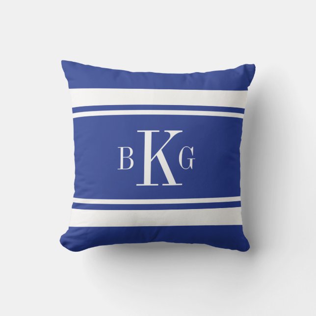 Royal Blue Nautical Stripes Custom Monogram Throw Pillow (Front)