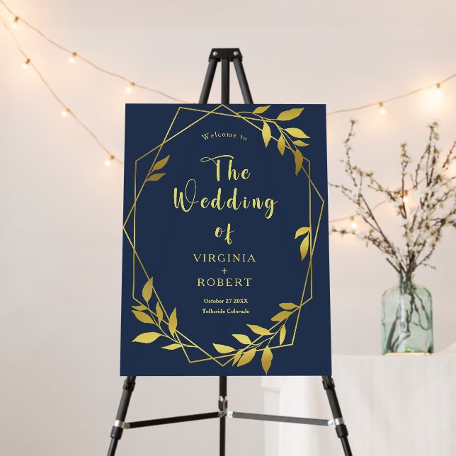Royal Blue Navy Botanical Wedding Welcome Foam Board (In Situ (Stand))