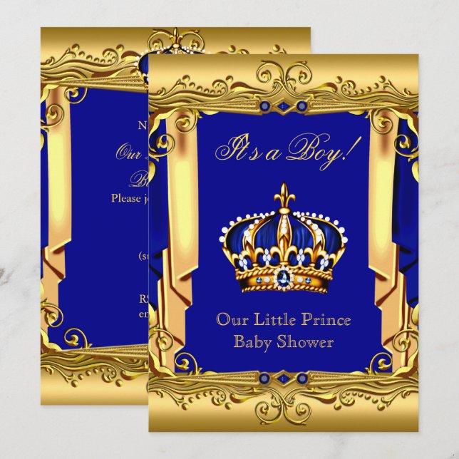Royal Blue Navy Gold Crown Baby Shower Invitation (Front/Back)