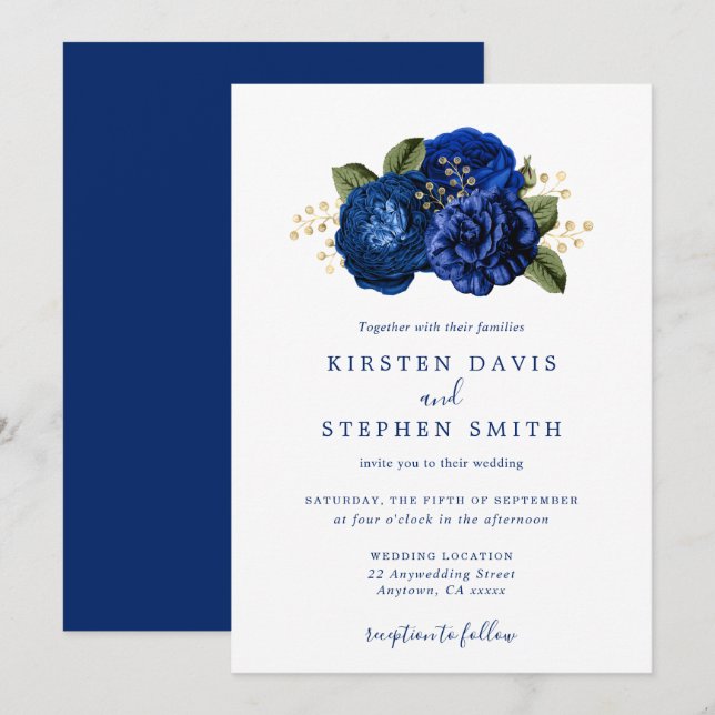 Royal Blue Navy Gold Floral Winter Fall Wedding Invitation (Front/Back)
