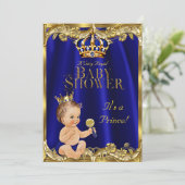 Royal Blue Navy Gold Prince Baby Shower Brunette Invitation (Standing Front)