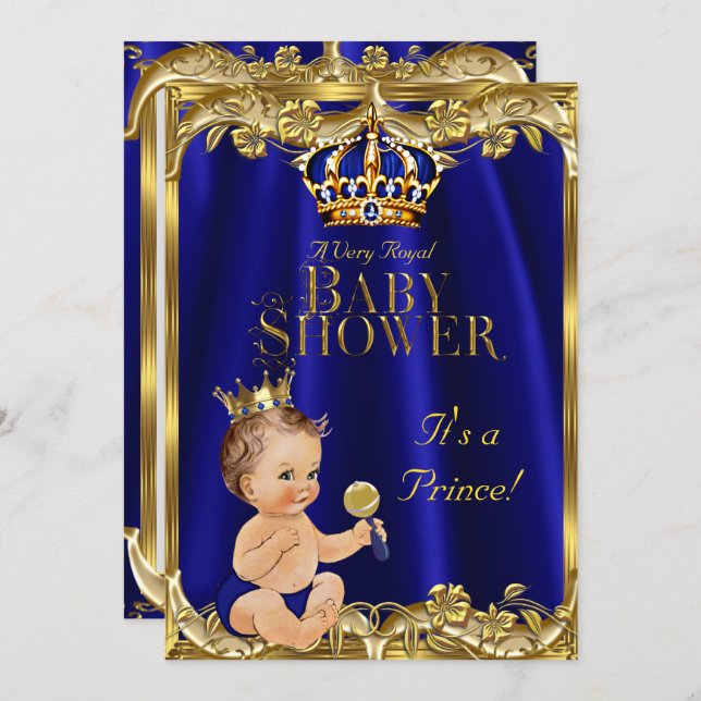 Royal Blue Navy Gold Prince Baby Shower Brunette Invitation (Front/Back)