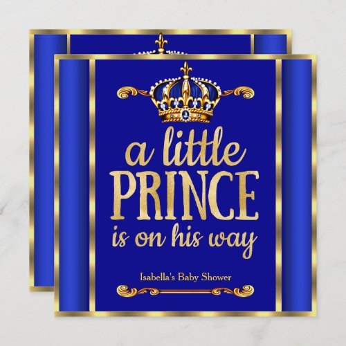 Royal Blue Navy Gold Prince on his way Baby Shower Invitation