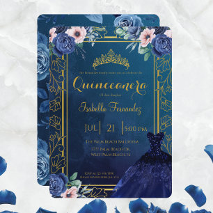 Royal Blue Navy Roses Glitter Dress Quinceanera  Invitation