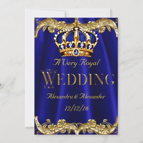 Royal Blue Navy Wedding Gold Crown 2 Invitation