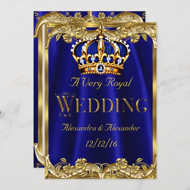 Royal Blue Navy Wedding Gold Crown 3 Invitation (Front/Back)
