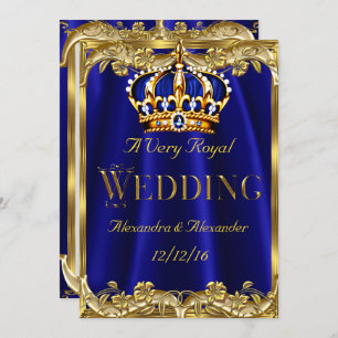 Royal Blue Navy Wedding Gold Crown 3 Invitation