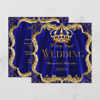 Royal Blue Navy Wedding Gold Crown Invitation