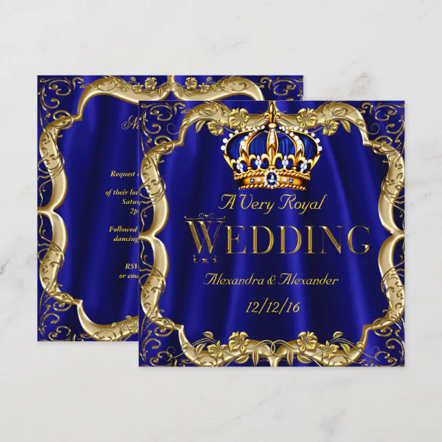 Royal Blue Navy Wedding Gold Crown Invitation | Zazzle