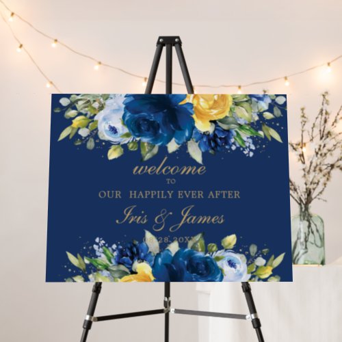 Royal Blue Navy Yellow Floral Wedding Welcome  Foam Board