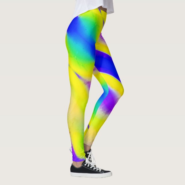Royal Blue Neon Yellow Lime Green Aqua Crazy Print Leggings (Right)