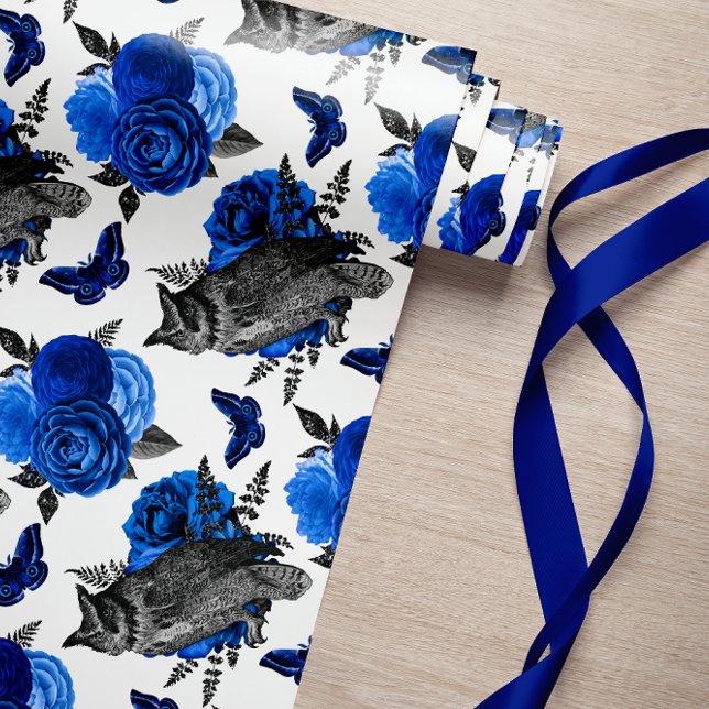 ROYAL BLUE NIGHT BIRDS GOTHIC CHRISTMAS WRAPPING PAPER (BLACK NIGHT OWL ROYAL BLUE ROSES AND FLOWERS AND BUTTERFLIES GOTHIC STYLE)