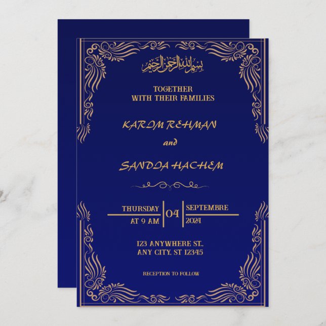 Royal Blue Nikah Islamic Muslim Wedding Invitation (Front/Back)