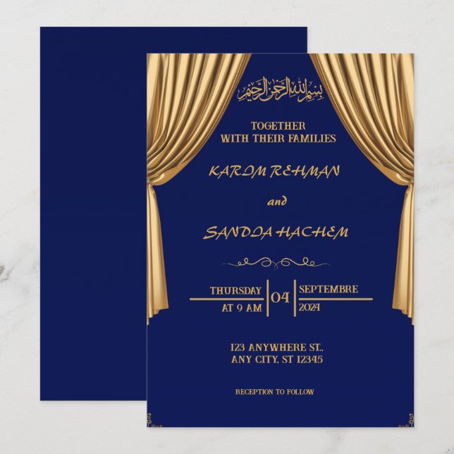 Royal Blue Nikah Islamic Muslim Wedding Invitation (Front/Back)