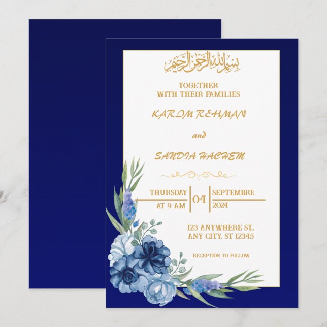 Royal Blue Nikah Islamic Muslim Wedding Invitation (Front/Back)