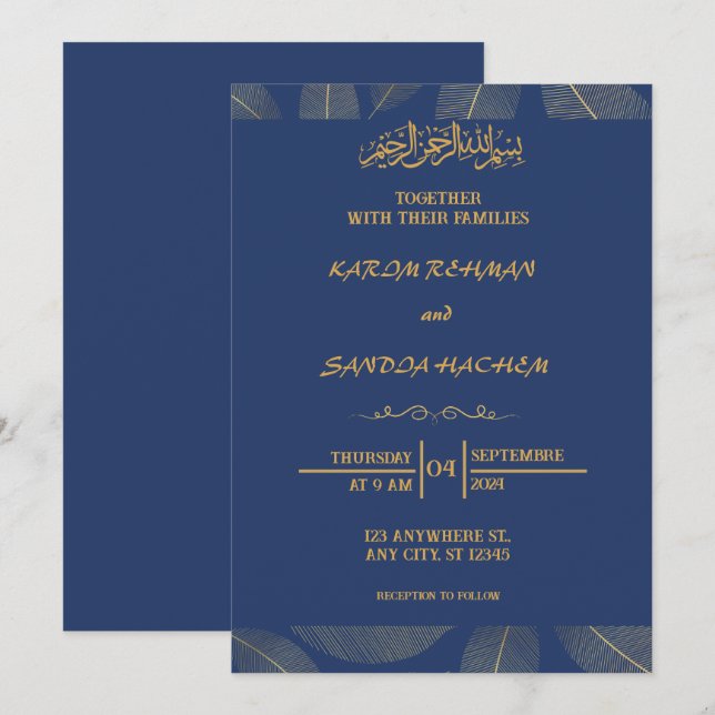 Royal Blue Nikah Islamic Muslim Wedding Invitation (Front/Back)