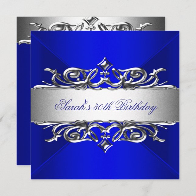 Royal Blue On Silver 30th Birthday Party Invitation (Front/Back)