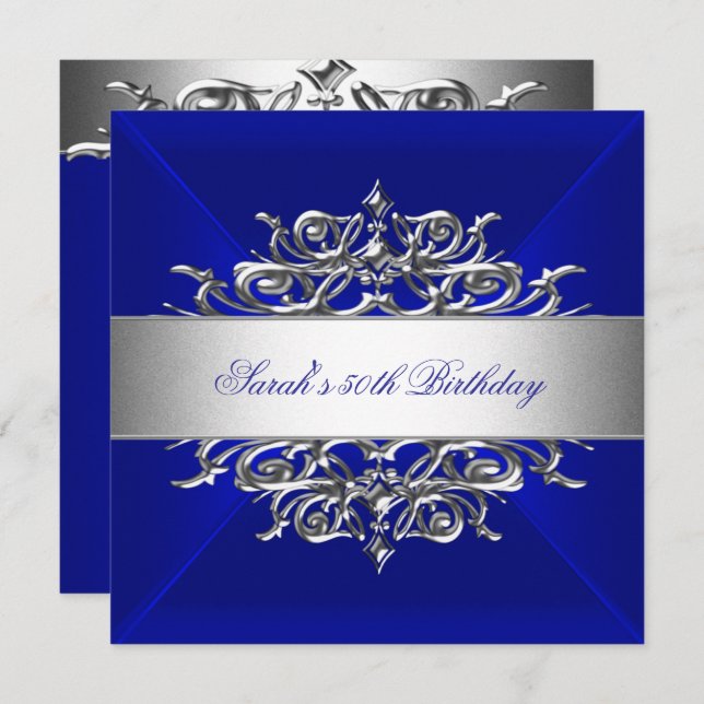 Royal Blue On Silver 50th Birthday Party Invitation (Front/Back)