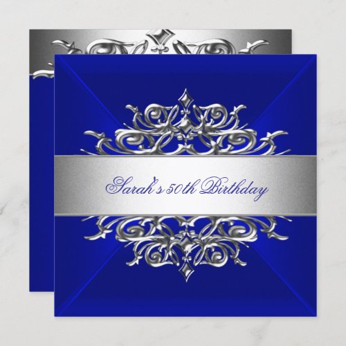 Royal Blue On Silver 50th Birthday Party Invitation