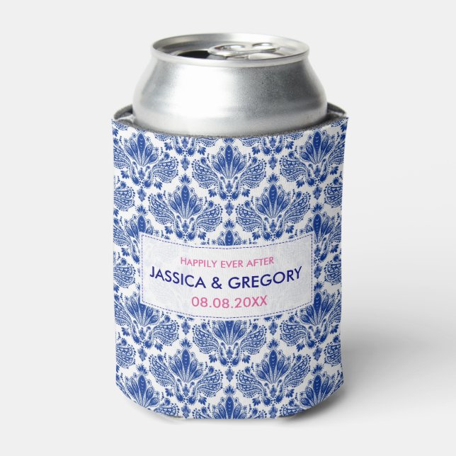 Royal Blue On White Elegant Damasks Can Cooler (Can Front)