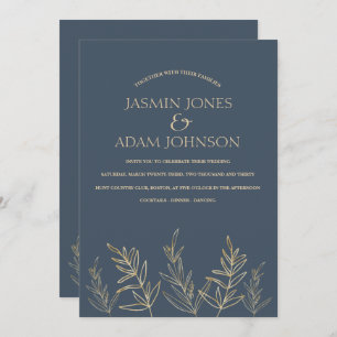 Royal Blue Opulence Gold Leaves Wedding Invitation