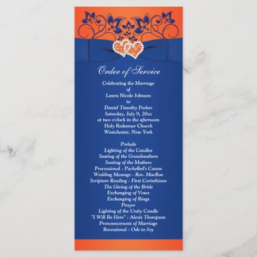 Royal Blue Orange Floral Hearts Wedding Program
