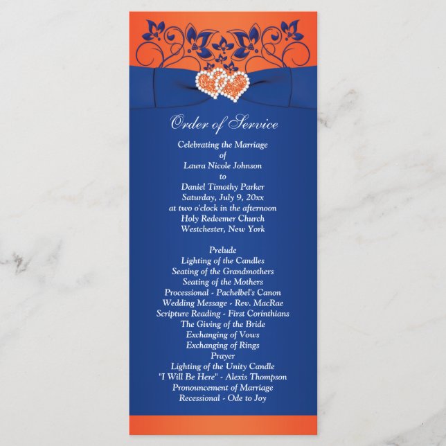 Royal Blue, Orange Floral, Hearts Wedding Program (Front)