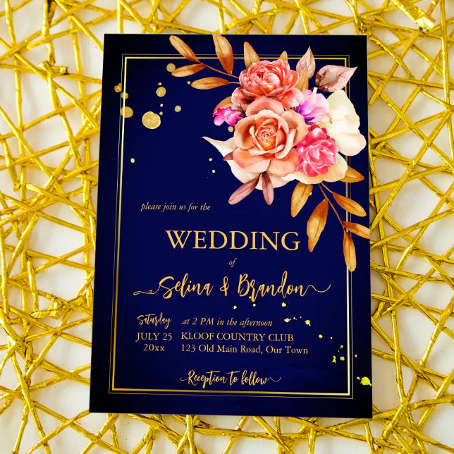 Royal blue orange yellow flowers fall wedding invitation Zazzle