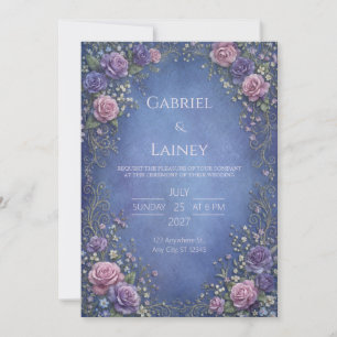 Royal Blue Ornate Rose Gold Scroll Wedding Invitation