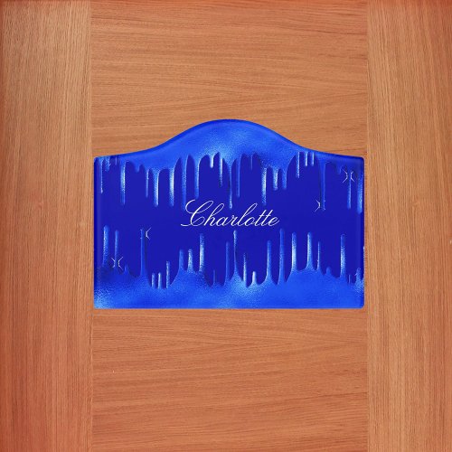 Royal blue paint dripping name script door sign