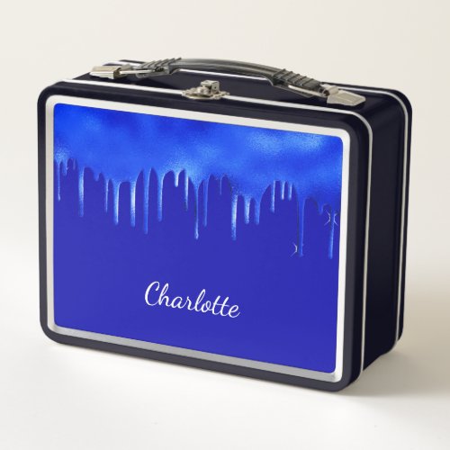 Royal blue paint dripping name script girl metal lunch box