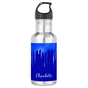 Royal blue paint dripping name script stainless steel water bottle