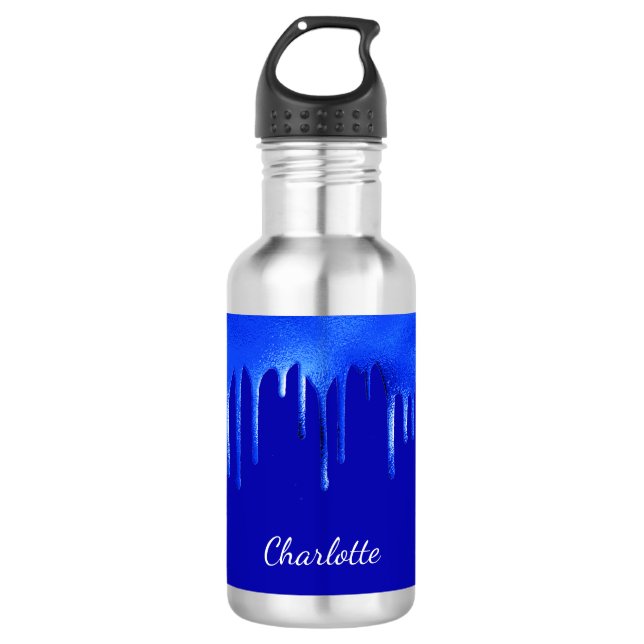 Royal blue paint dripping name script stainless steel water bottle (Front)