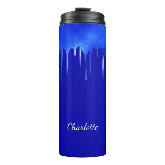 Royal blue paint dripping name script  thermal tumbler (Front)