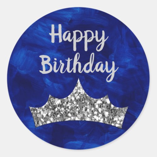 Royal Blue paintbrush and Silver Crown Birthday Classic Round Sticker