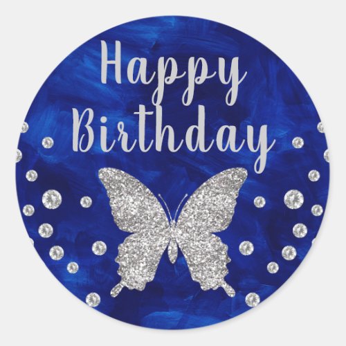 Royal Blue paintbrush Silver Butterfly Birthday Classic Round Sticker