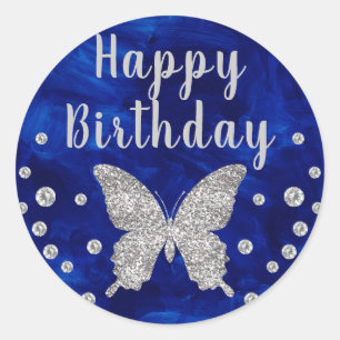 Royal Blue paintbrush Silver Butterfly Birthday Classic Round Sticker