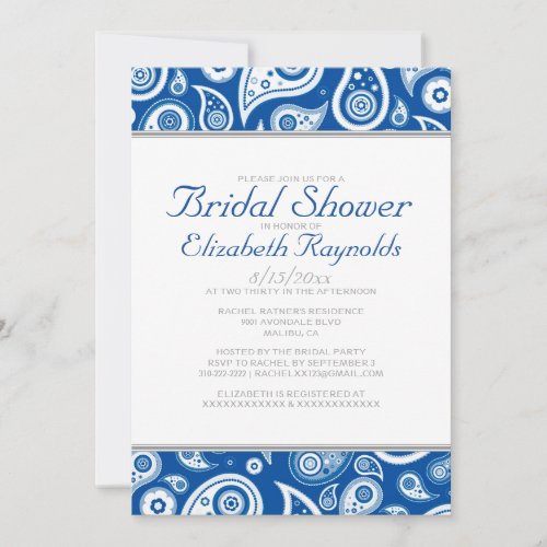 Royal Blue Paisley Bridal Shower Invitations