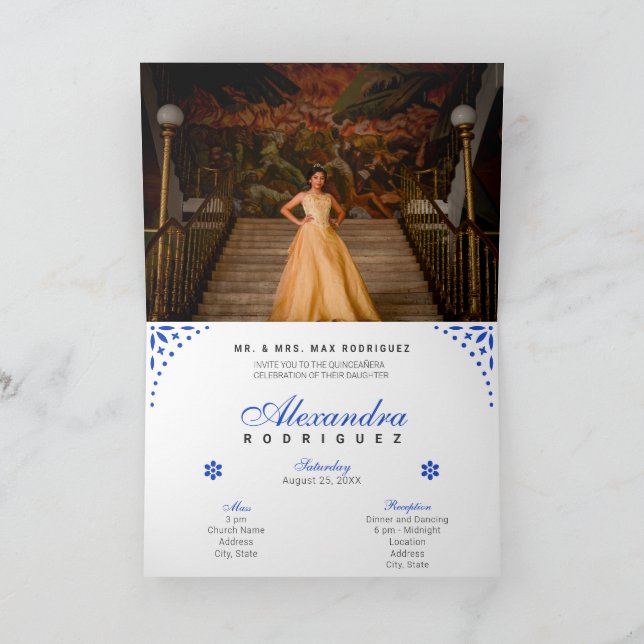 Royal Blue Papel Picado Mis Quince Años Invitation (Inside)