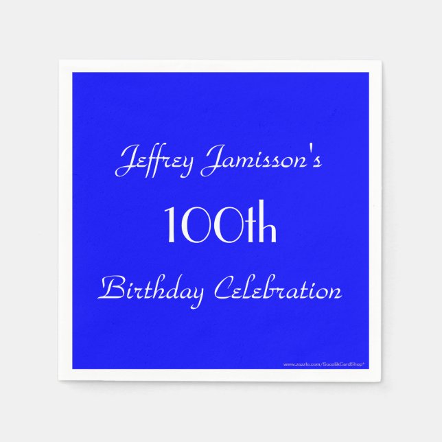 Royal Blue Paper Napkins, 100th Birthday Party Napkins (Front)