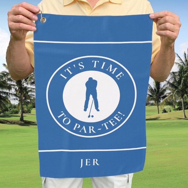 Royal Blue Par TEE Time Golfer Name Initials Funny Golf Towel (Par Tee Golfer Funny Humor Monogram For Him Blue Golf Towel)