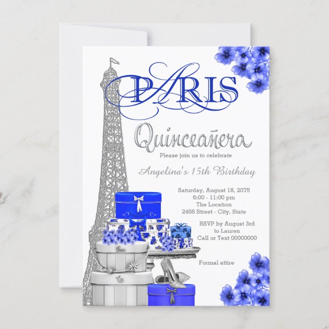 Royal Blue Paris Quinceanera Invitations (Front)