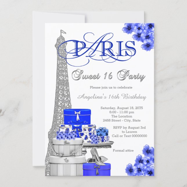 Royal Blue Paris Sweet 16 Party Invitation (Front)
