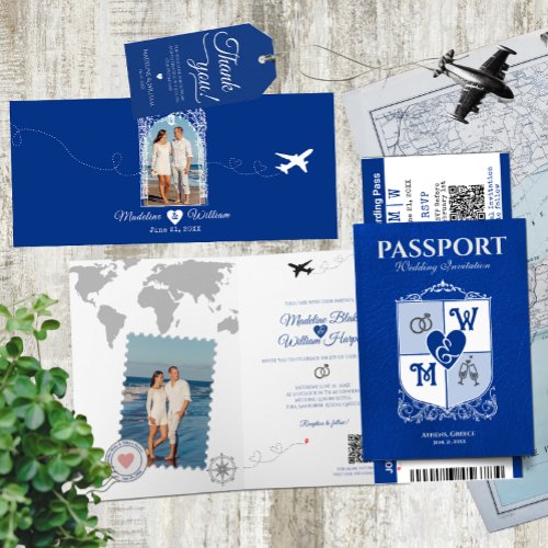 Royal Blue Passport Style Destination Wedding  Invitation